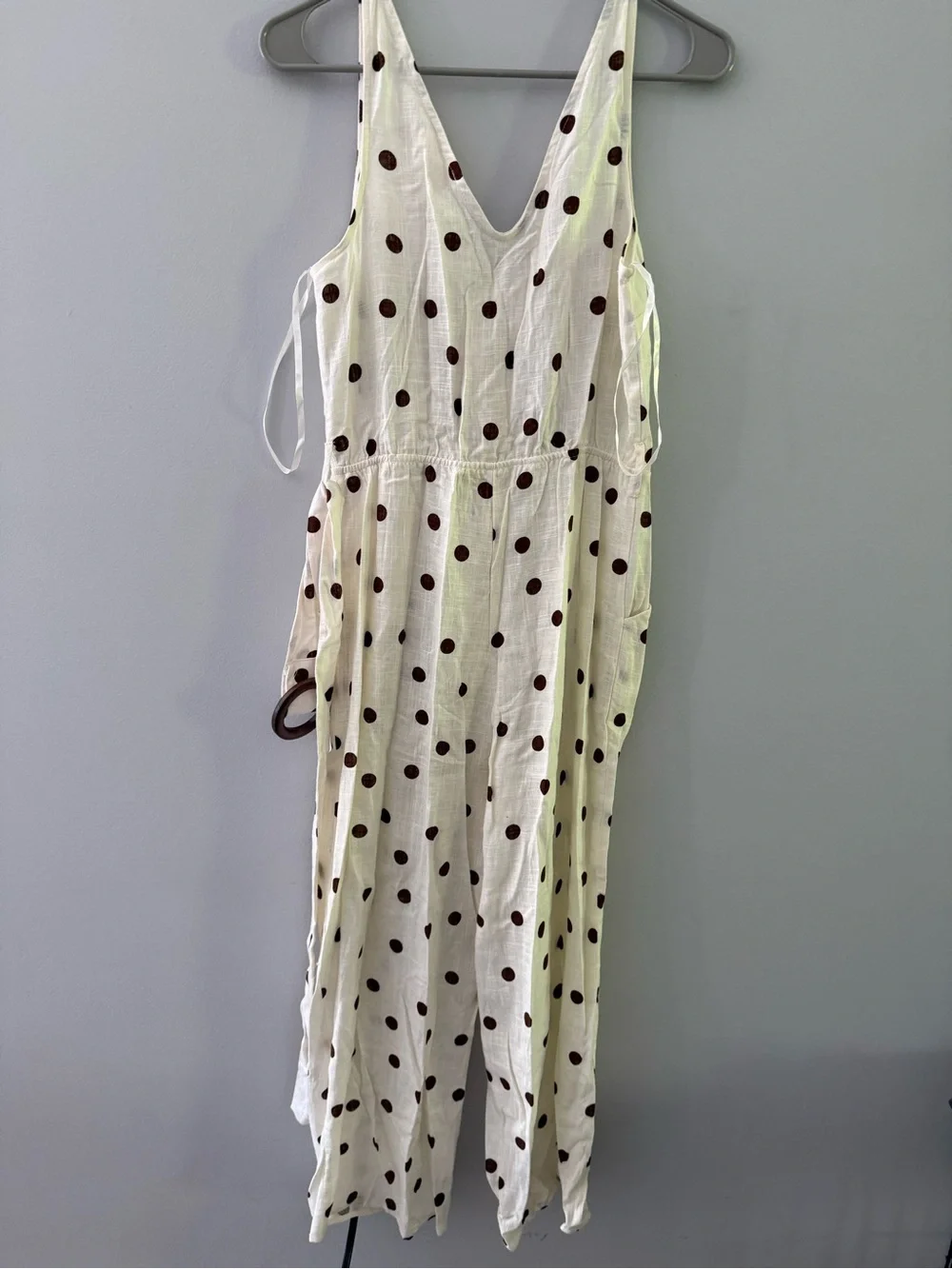 NWT Monteau Jumpsuit Pantsuit Brown Beige Polka Dot Groovy Buttons Size M - Picture 6 of 7